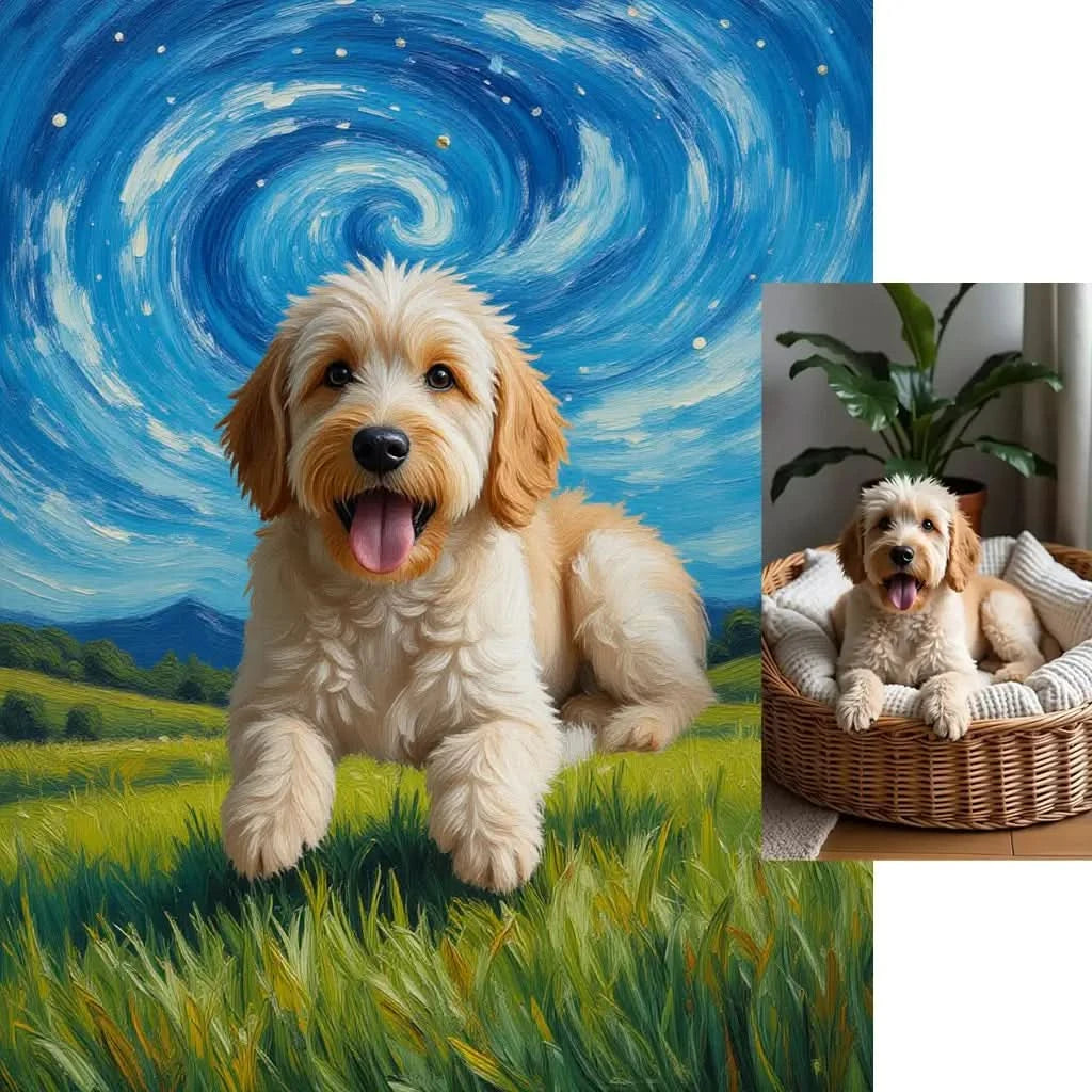 Personalized Goldendoodle Van Gogh Starry Night painting pet memorial by Tailprints