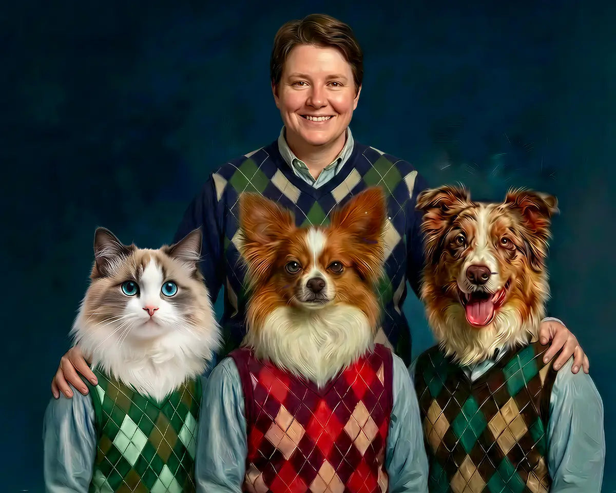 argyle-sweater-portrait-tailprints Personalized Man and Pets Argyle Sweater Portrait in American ID Style by Tailprints