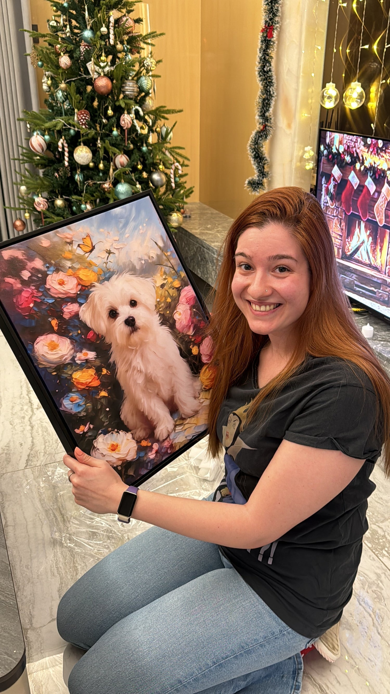 Custom pet portrait displayed in front of a Christmas tree, a unique holiday gift for dog owners