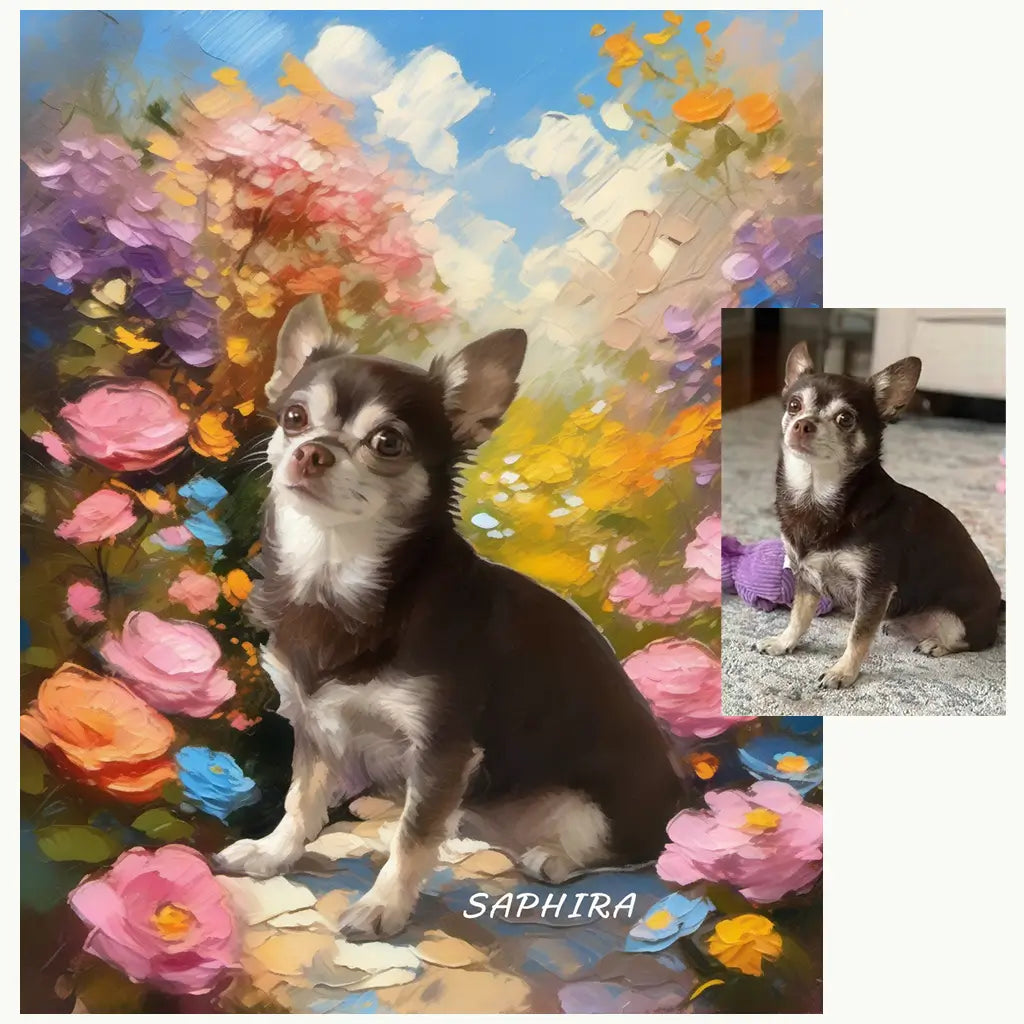 Monet-style garden oil painting pet portrait
