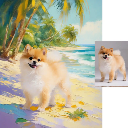 Personalized Pomeranian dog summer beach impasto painting pet portrait by Tailprints