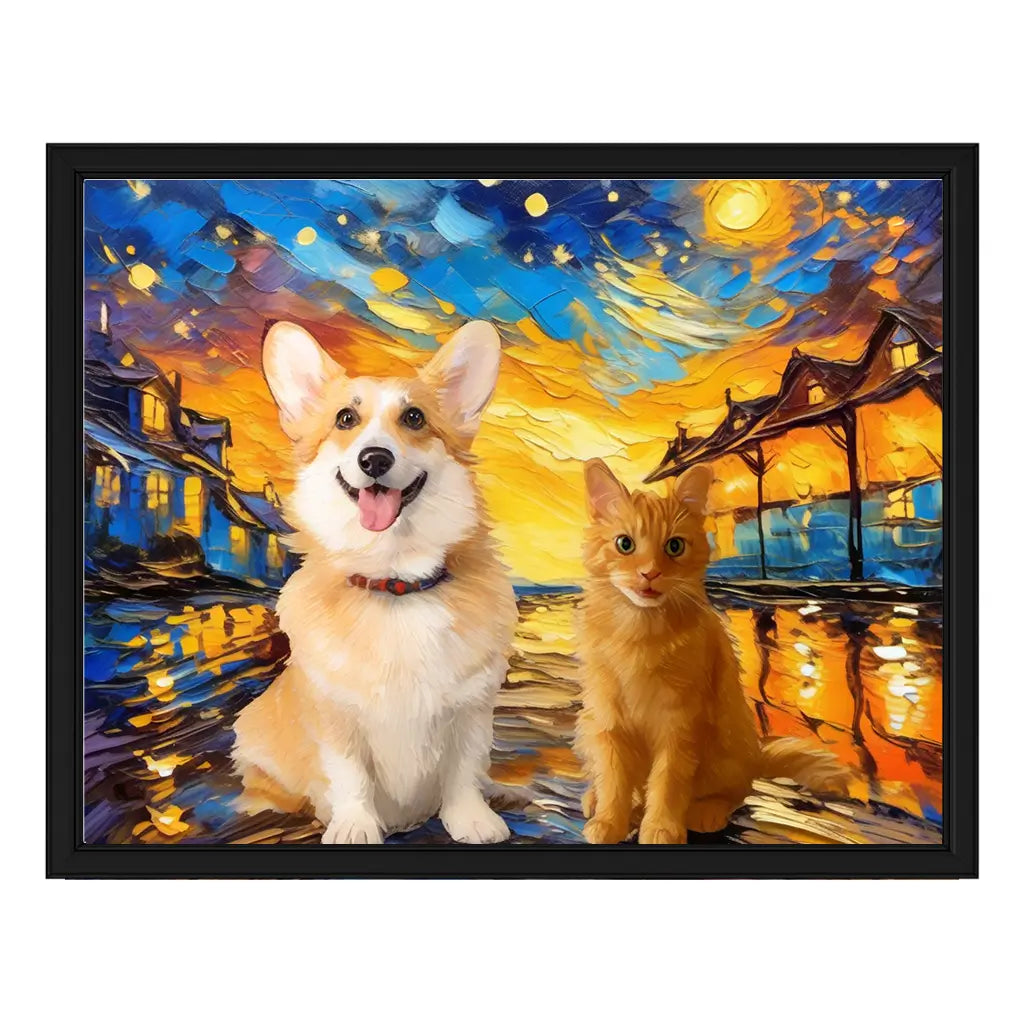 Van Gogh-style starry night oil painting pet