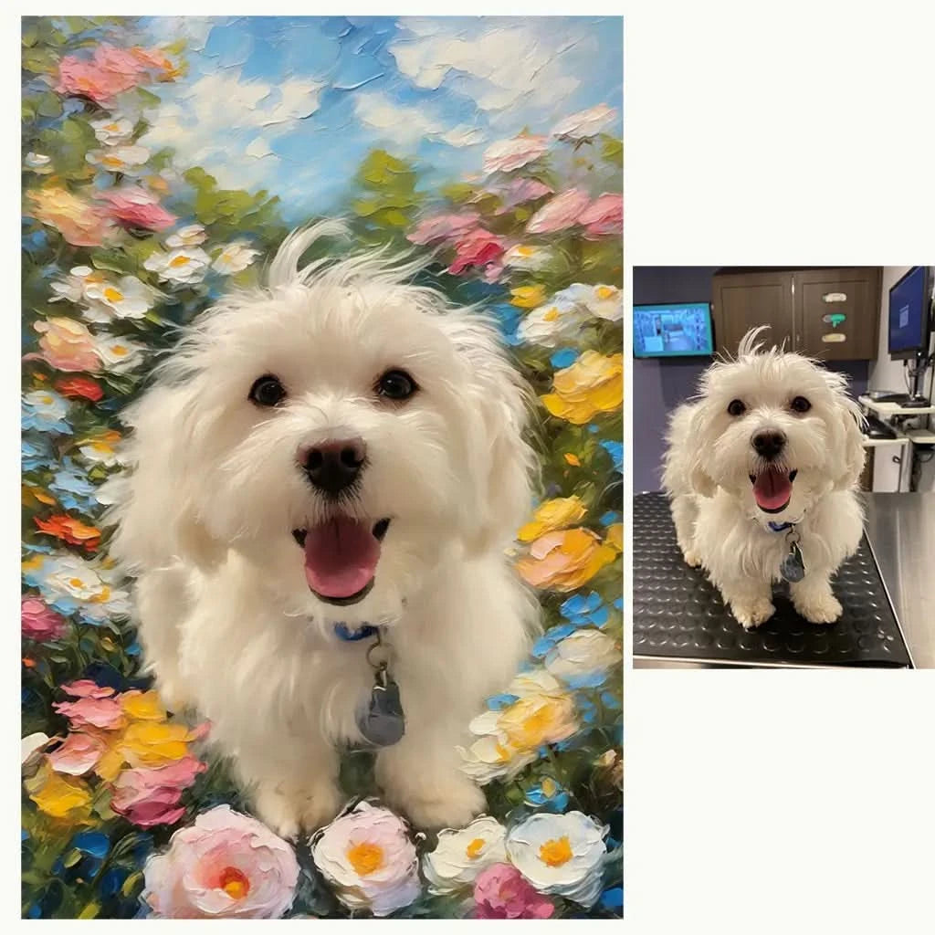 Monet-style garden oil painting pet portrait