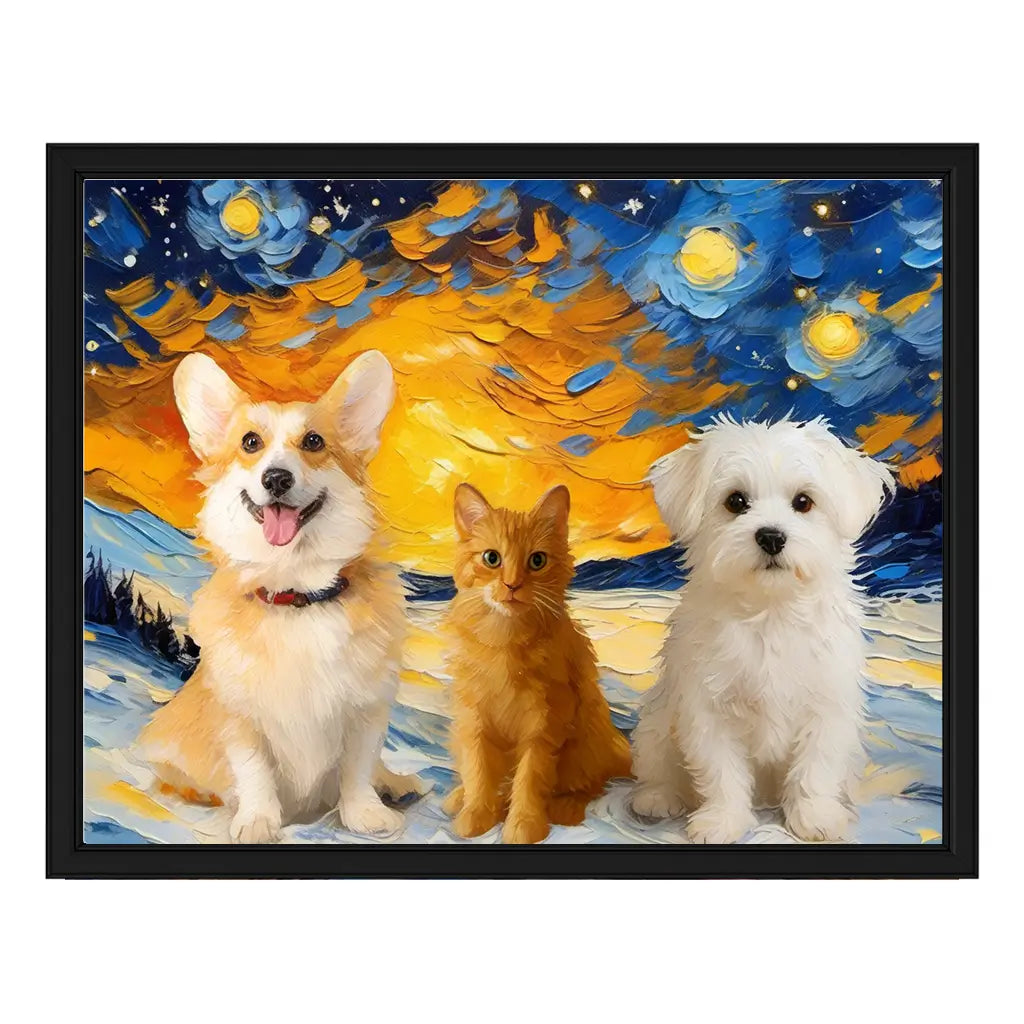 Van Gogh-style starry night oil painting pet