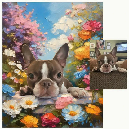 Monet-style garden oil painting pet portrait