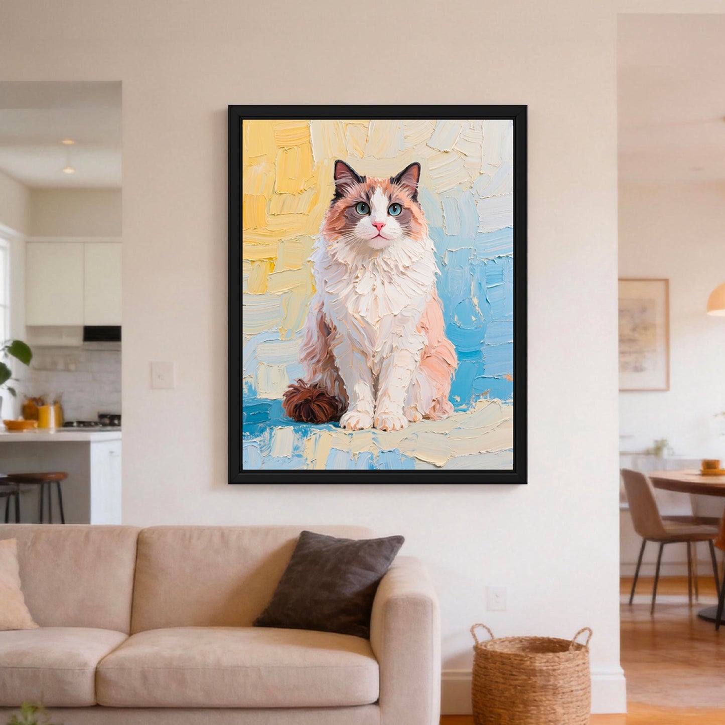 Textured oil painting cat portrait on the wall
