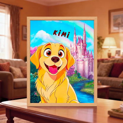 Custom cartoon pet LED art in a natural wood frame