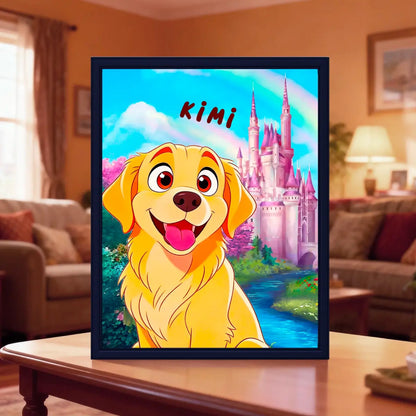 Custom cartoon pet LED art in a black frame