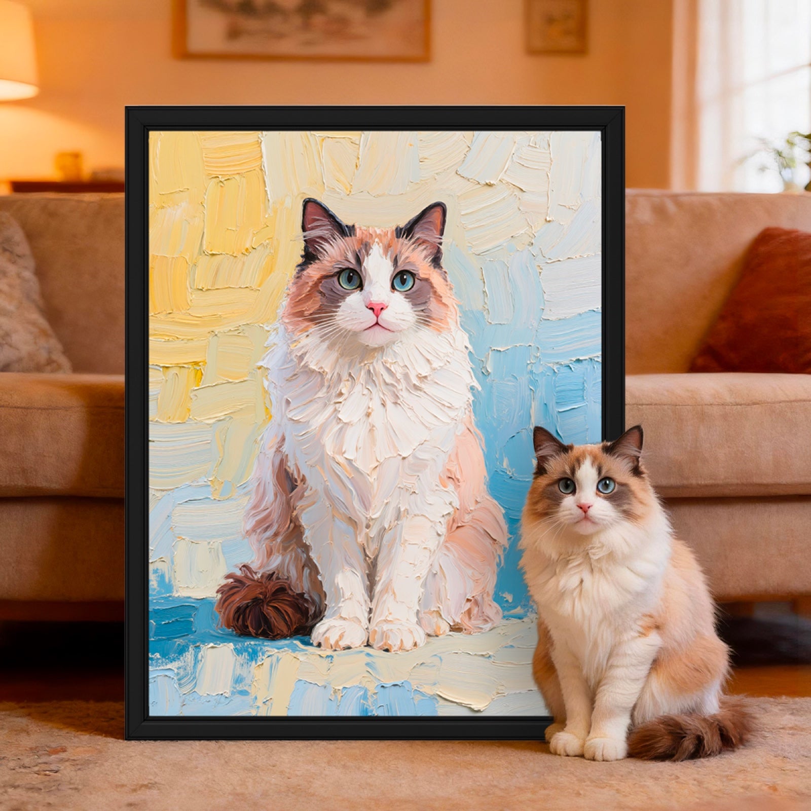 Palette knife pet portrait framed in a living room