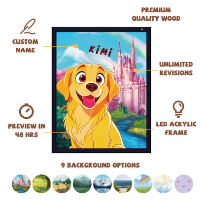 Cartoon pet LED art features: custom name, wood frame, 48h preview, 9 backgrounds