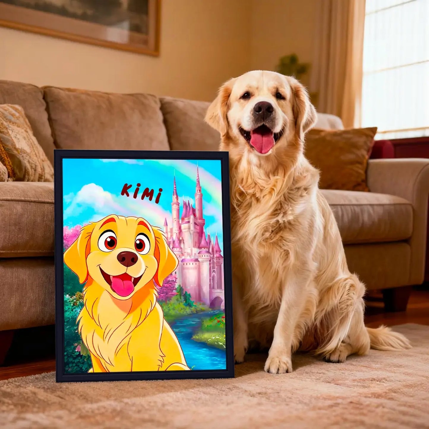 Custom cartoon pet LED art glowing in a living room next to a dog