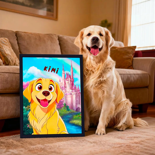 Custom cartoon pet LED art glowing in a living room next to a dog