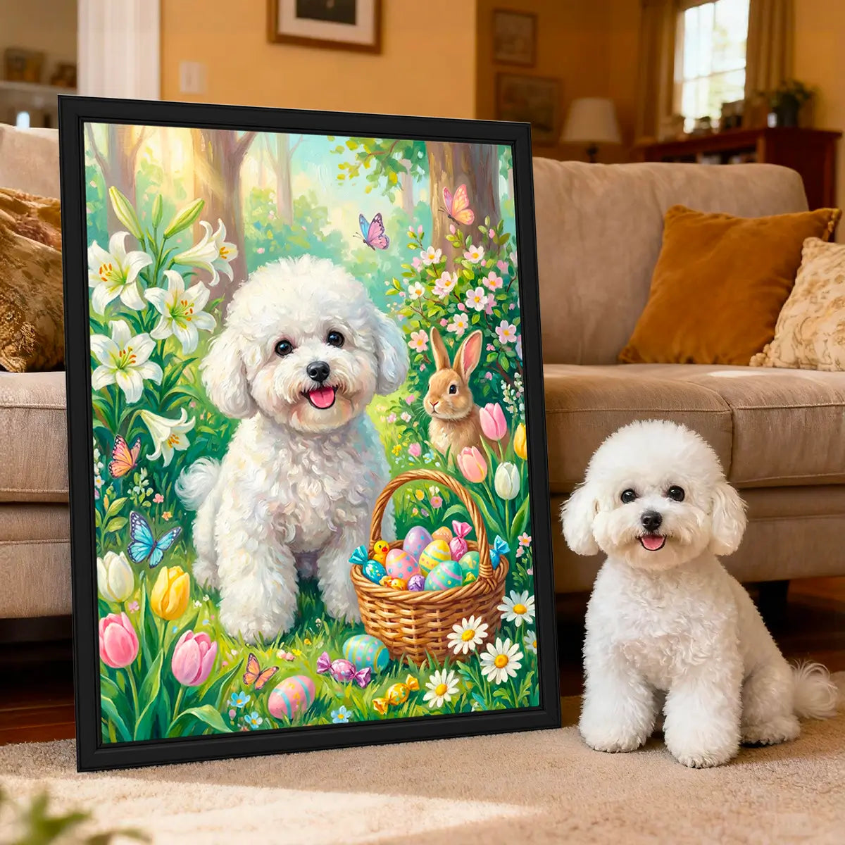 Personalized Bichon Frise Easter Garden Portrait Framed Art with Real Dog by Tailprints