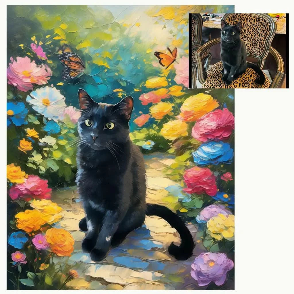 Custom Black Cat Portrait Butterfly Garden Art Print by Tailprints