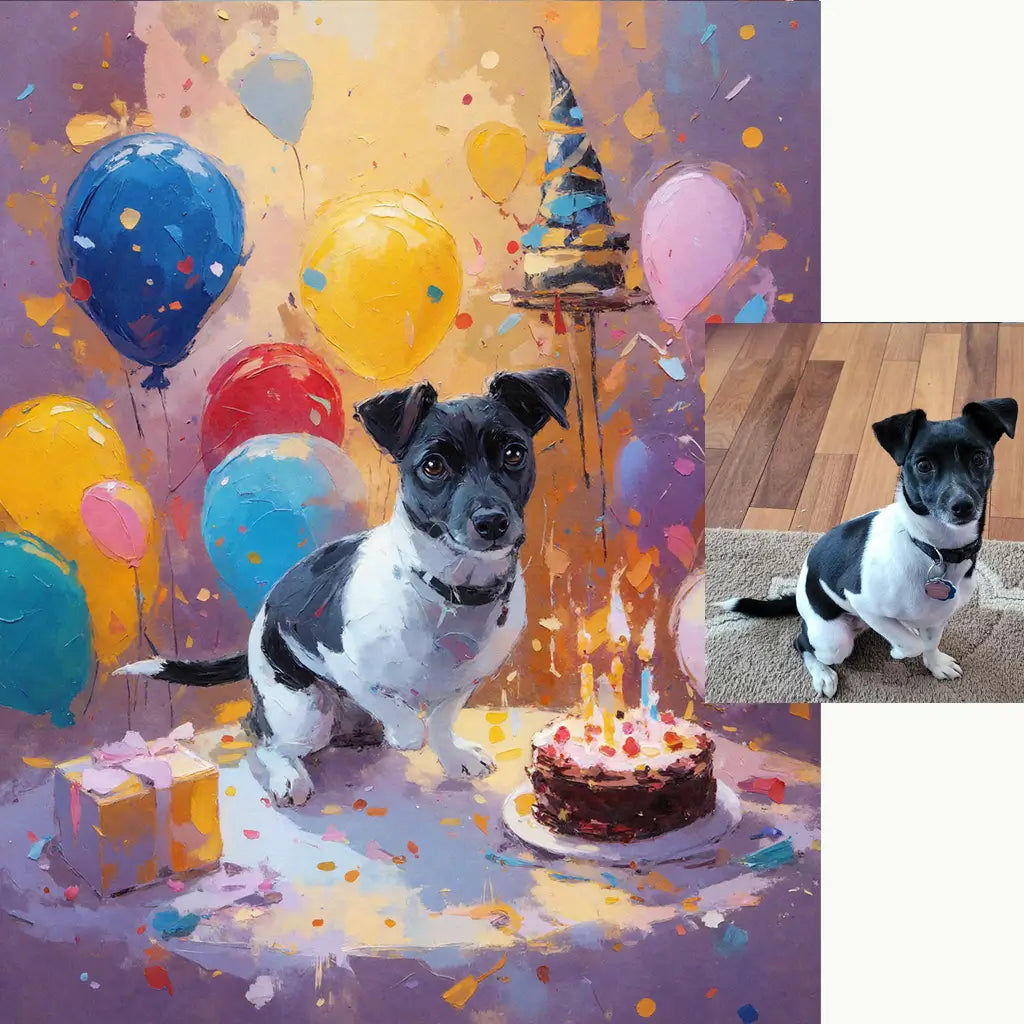 Custom Black and White Terrier Birthday Art with Balloons by Tailprints