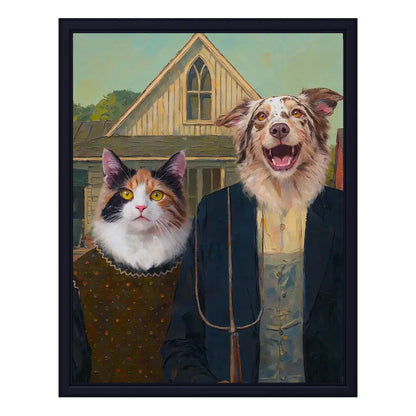 Personalized cat and dog American Gothic parody oil painting by Tailprints