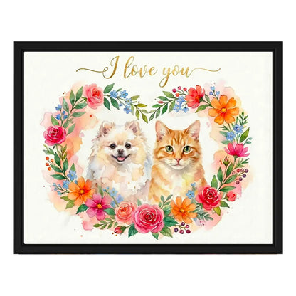 Custom Cat and Dog Floral Embrace Watercolor Portrait for Valentine's Day Gift by Tailprints