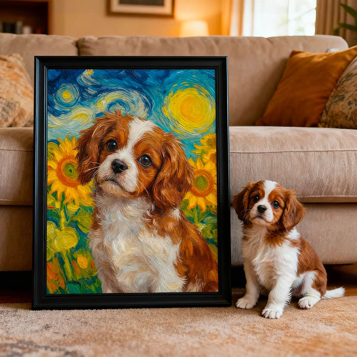 Real Cavalier dog with custom Van Gogh sunflower portrait gift by Tailprints
