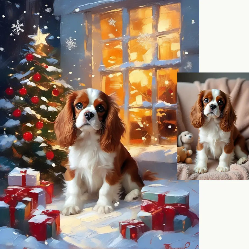 Personalized Cavalier Spaniel Christmas snow tree painting for holiday decor by Tailprints