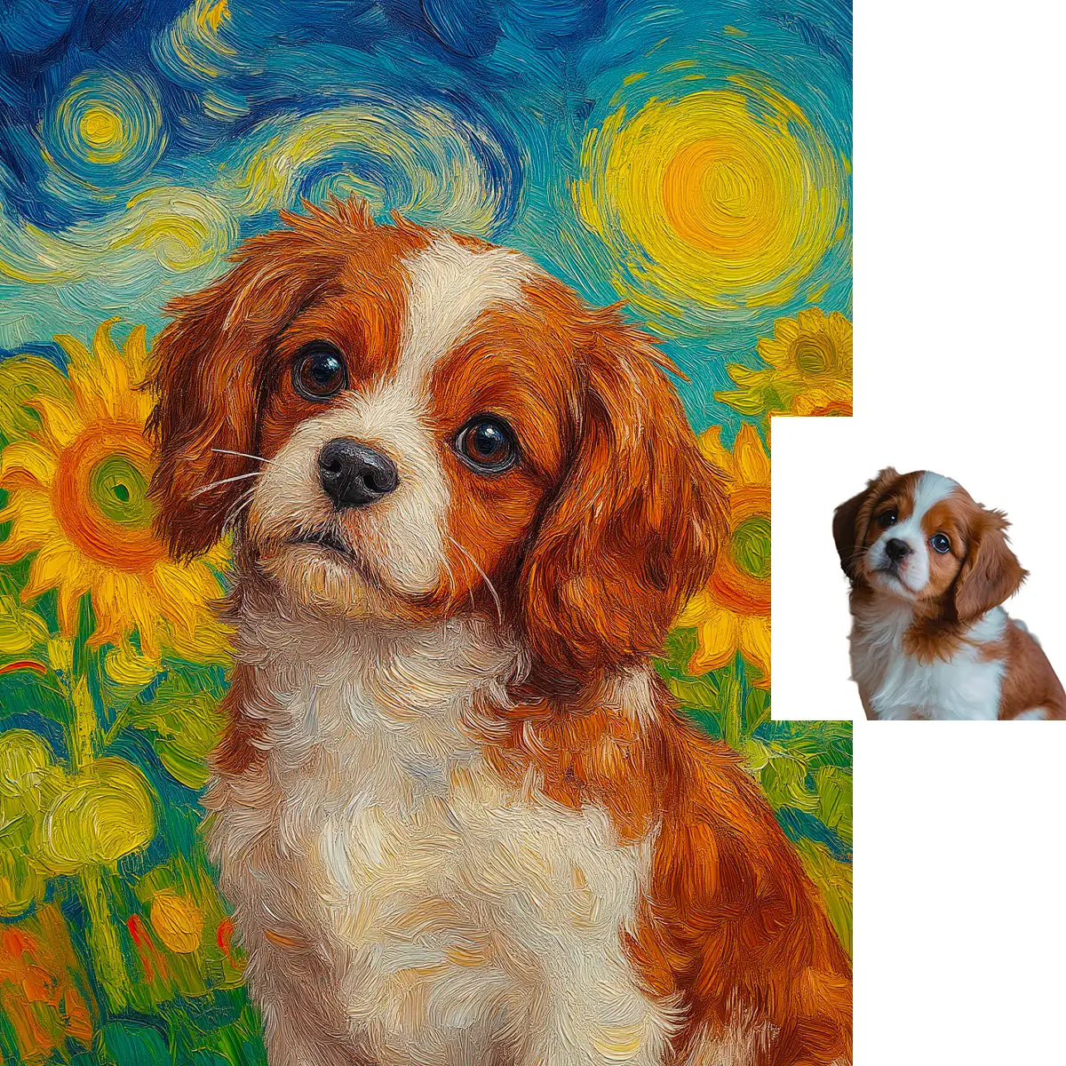 Custom Cavalier spaniel Van Gogh sunflower pet painting by Tailprints