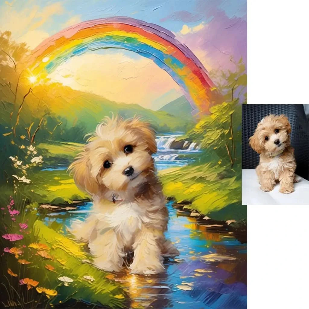 Personalized Cockapoo rainbow bridge waterfall memorial pet portrait by Tailprints