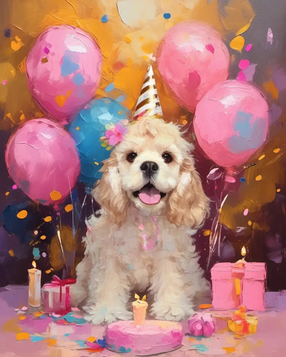 Personalized Pink Birthday Party Art for Cocker Spaniel by Tailprints