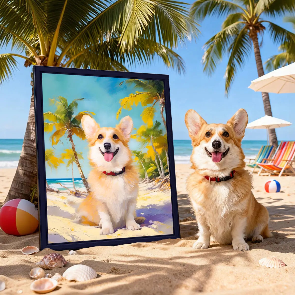 Personalized Corgi framed pet portrait on sunny beach for summer decor by Tailprints