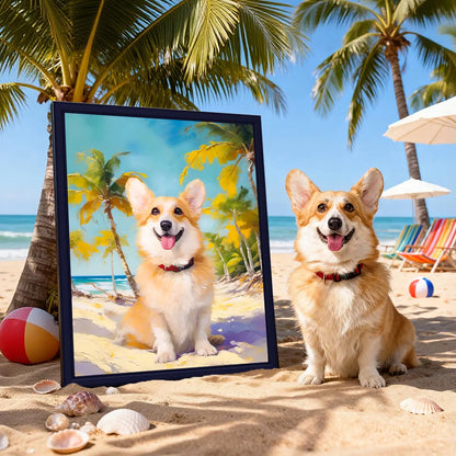 Personalized Corgi framed pet portrait on sunny beach for summer decor by Tailprints