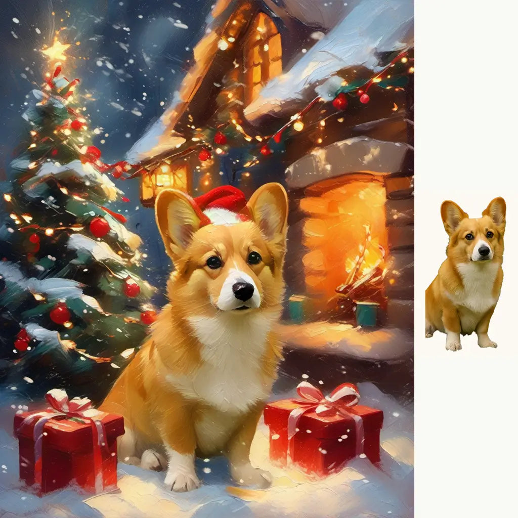 Custom Corgi dog Christmas fireplace cottage oil painting by Tailprints