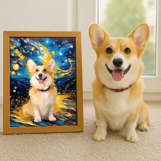 Bespoke Corgi Starry Night Framed Canvas Art by Tailprints