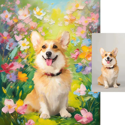 Personalized Corgi dog spring blossom floral impasto pet portrait by Tailprints