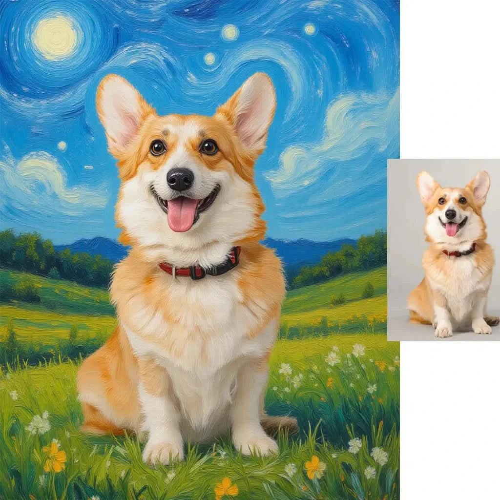 Custom Corgi dog Van Gogh inspired oil painting vibrant wall art by Tailprints