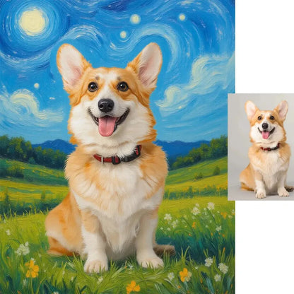 Custom Corgi dog Van Gogh inspired oil painting vibrant wall art by Tailprints