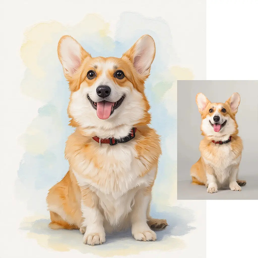 Personalized Corgi dog vibrant watercolor oil mix pet portrait by Tailprints