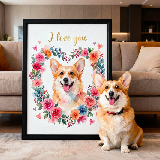 Personalized Corgi Floral Heart Watercolor Framed Art in Living Room Decor by Tailprints