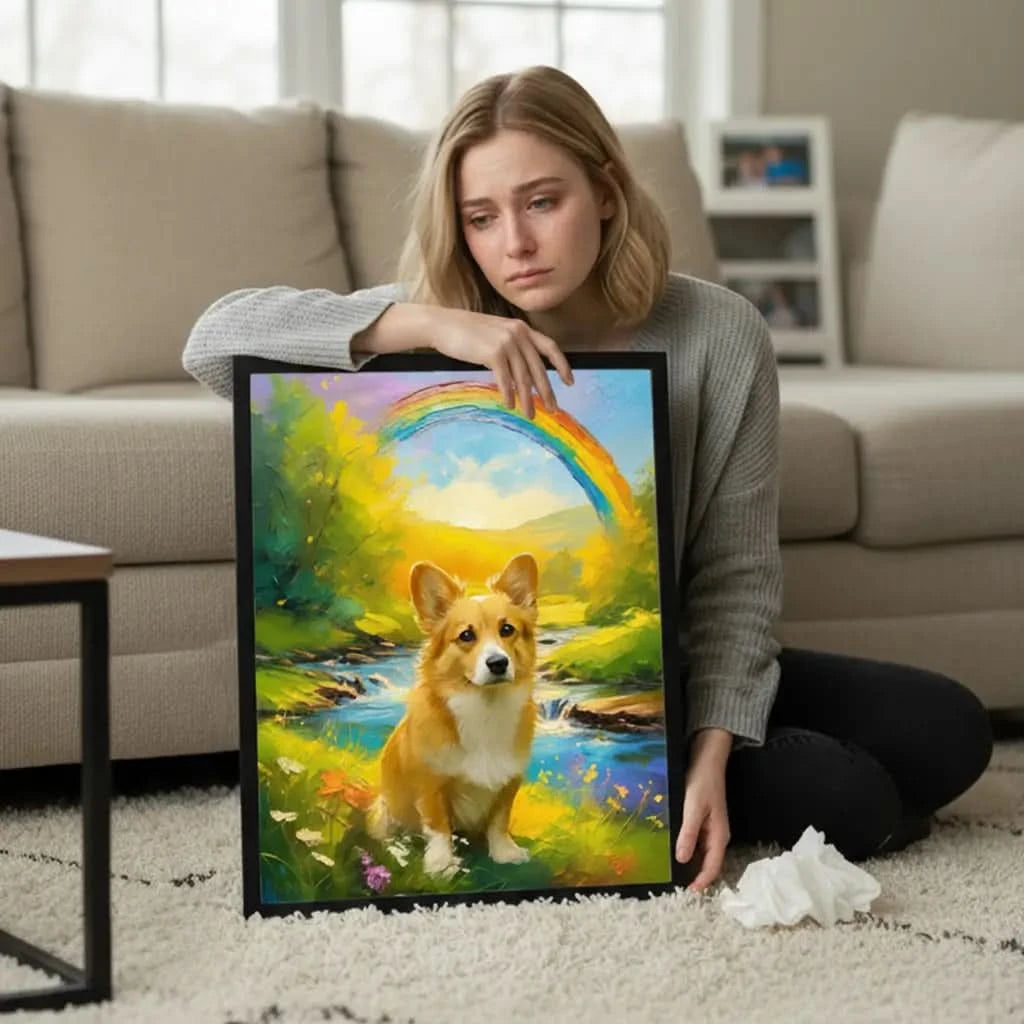 Custom Corgi rainbow bridge sympathy gift for pet loss memorial by Tailprints