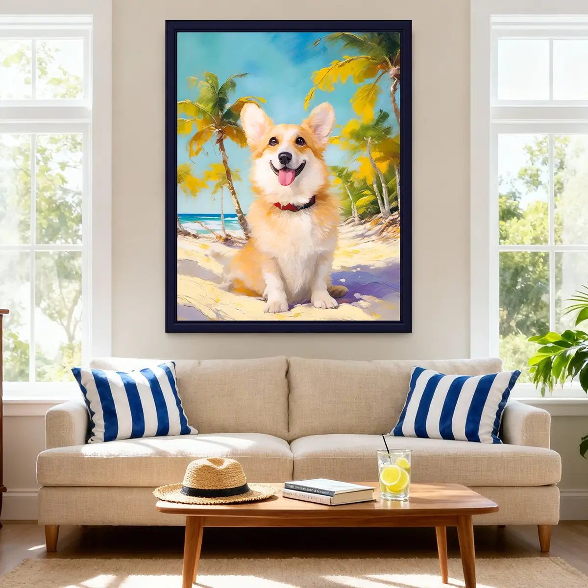 Custom Corgi summer beach painting for coastal living room decor by Tailprints