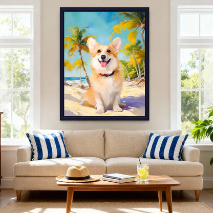 Custom Corgi summer beach painting for coastal living room decor by Tailprints