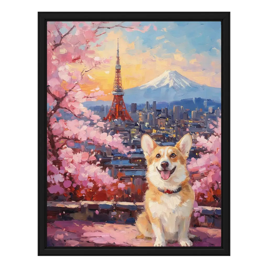 Custom Corgi Tokyo Tower Mt Fuji Cherry Blossom Art by Tailprints
