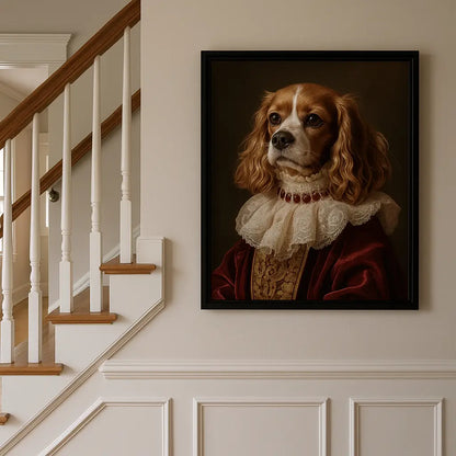 Custom Dog Oil Painting Wall Art displayed in modern home staircase by Tailprints.
