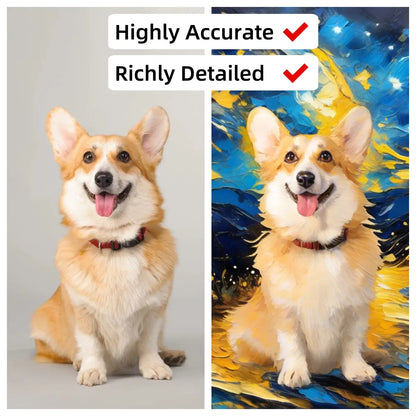 Van Gogh-style starry night oil painting pet