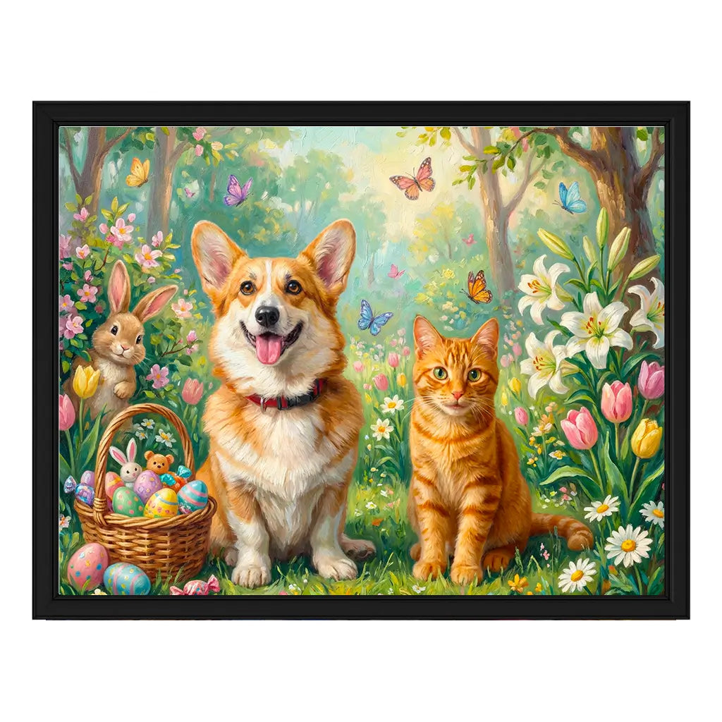 Custom Dog and Cat Easter Portrait with Bunny and Easter Basket in Spring Garden by Tailprints