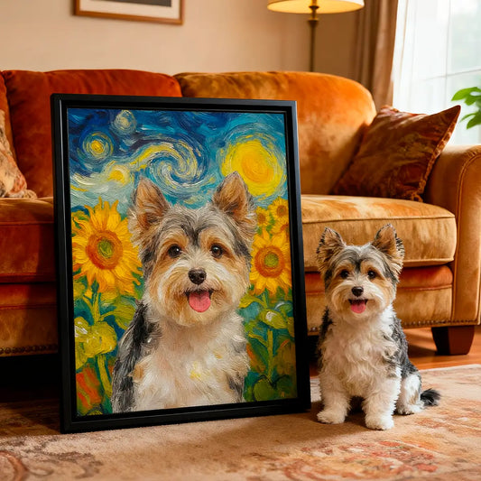 Real dog with custom Van Gogh sunflower portrait unique gift idea by Tailprints