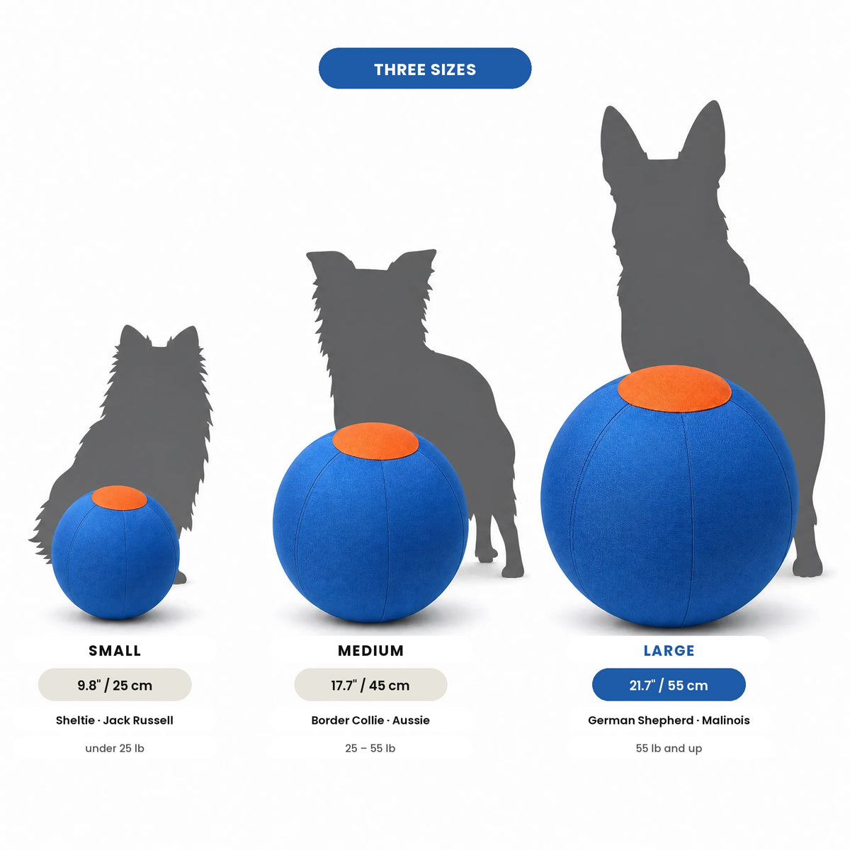 DriveBall three sizes side by side with herding dog silhouettes for scale: 9.8, 17.7 and 21.7 inch
