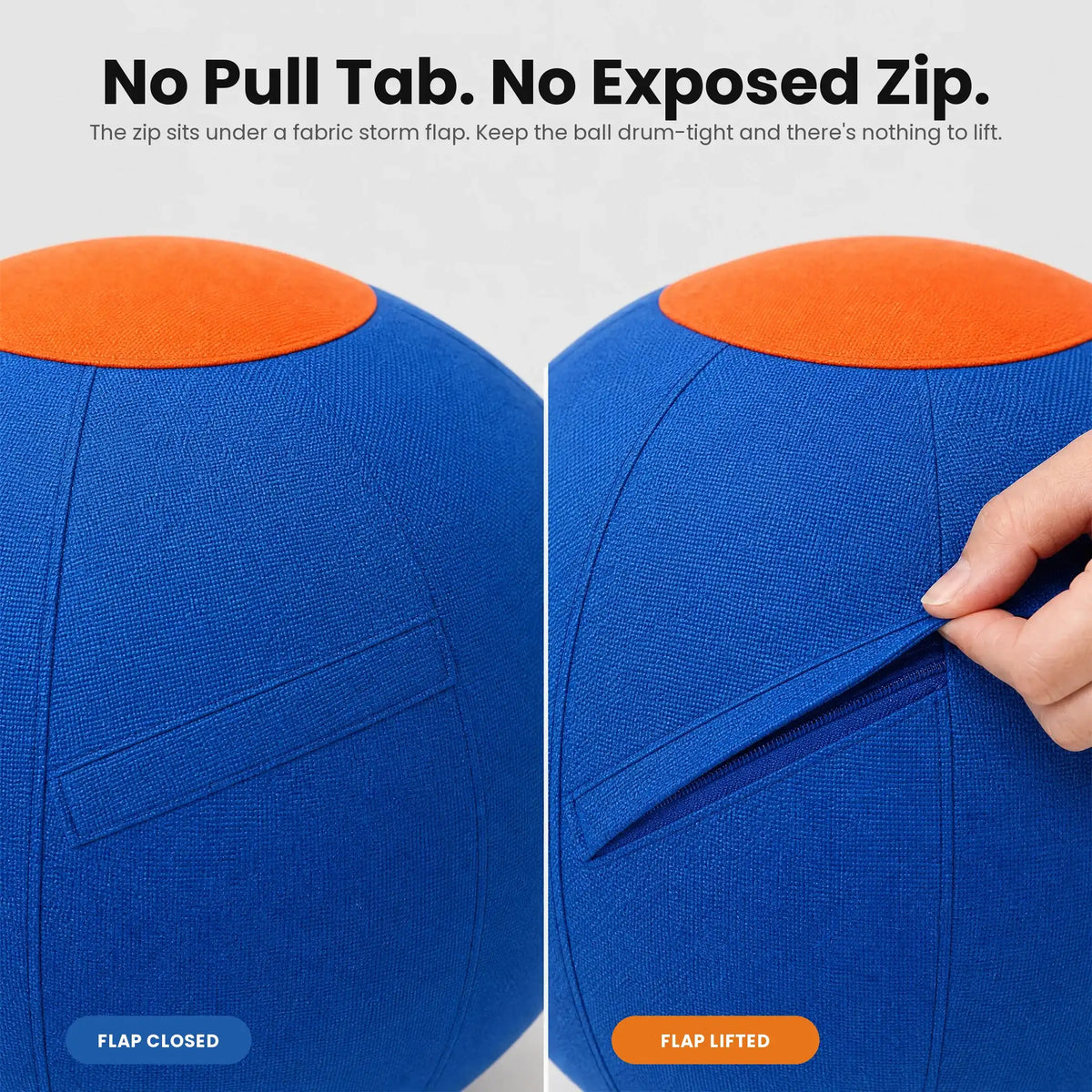 Close-up of the DriveBall storm flap lying flat, and the concealed zip revealed when the flap is lifted