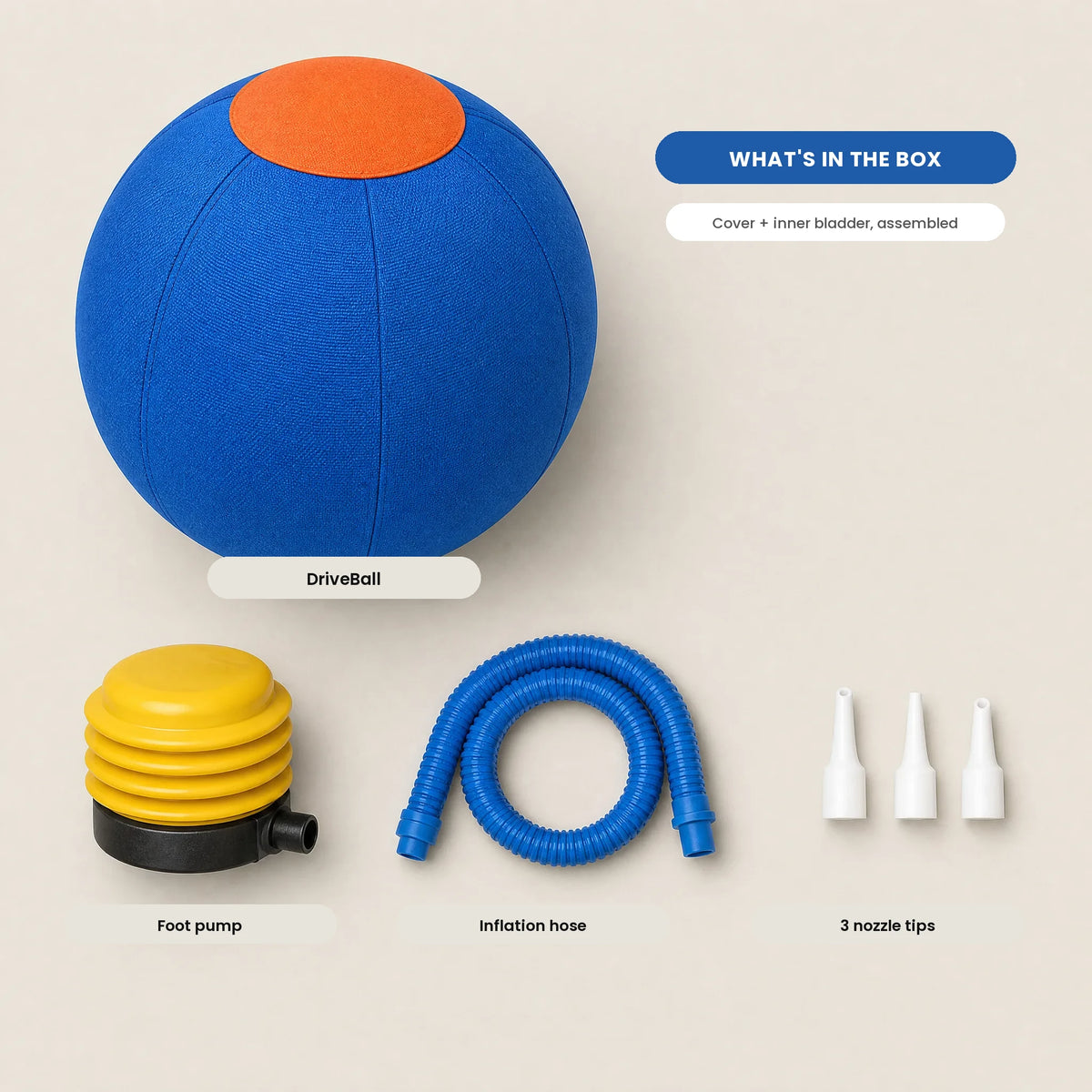 What is in the DriveBall box: assembled ball, foot pump, hose and three nozzles