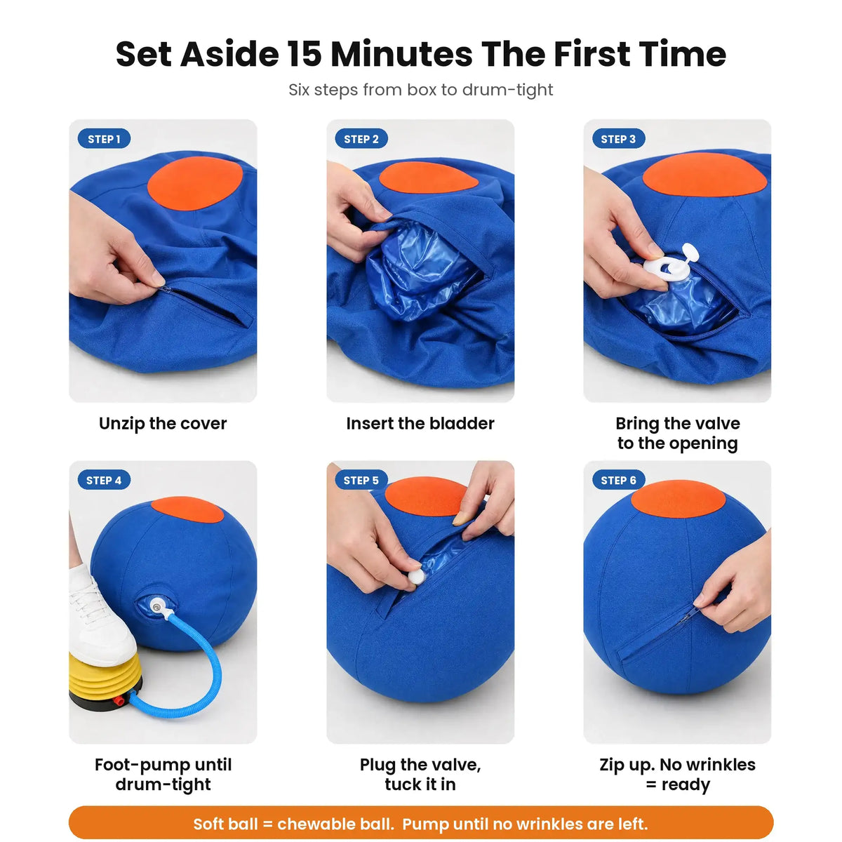 Six-step guide to assembling and inflating the DriveBall herding ball until drum-tight