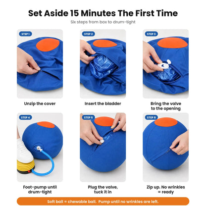 Six-step guide to assembling and inflating the DriveBall herding ball until drum-tight