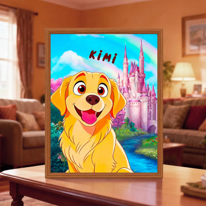 Custom cartoon pet LED art in a walnut frame