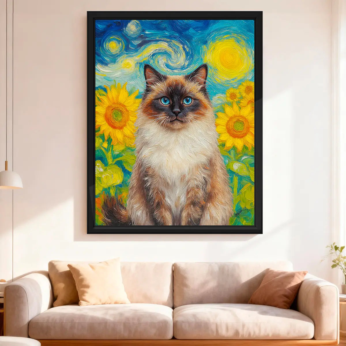 Framed cat Van Gogh sunflowers portrait living room wall decor by Tailprints